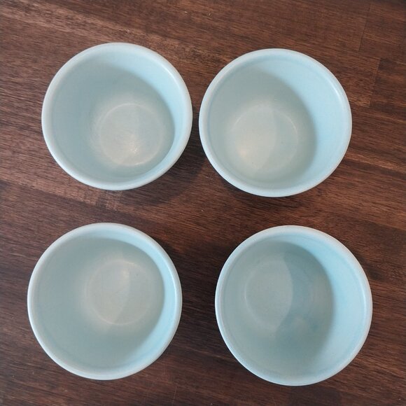 Vintage Teapot & 4 Cups Set Light Blue Rattan Handle By Pier 1 Imports Textured - Picture 10 of 11